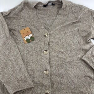 V Neck Cardigan Sweater Medium Taupe Brown Button Front Knit & handmade earrings